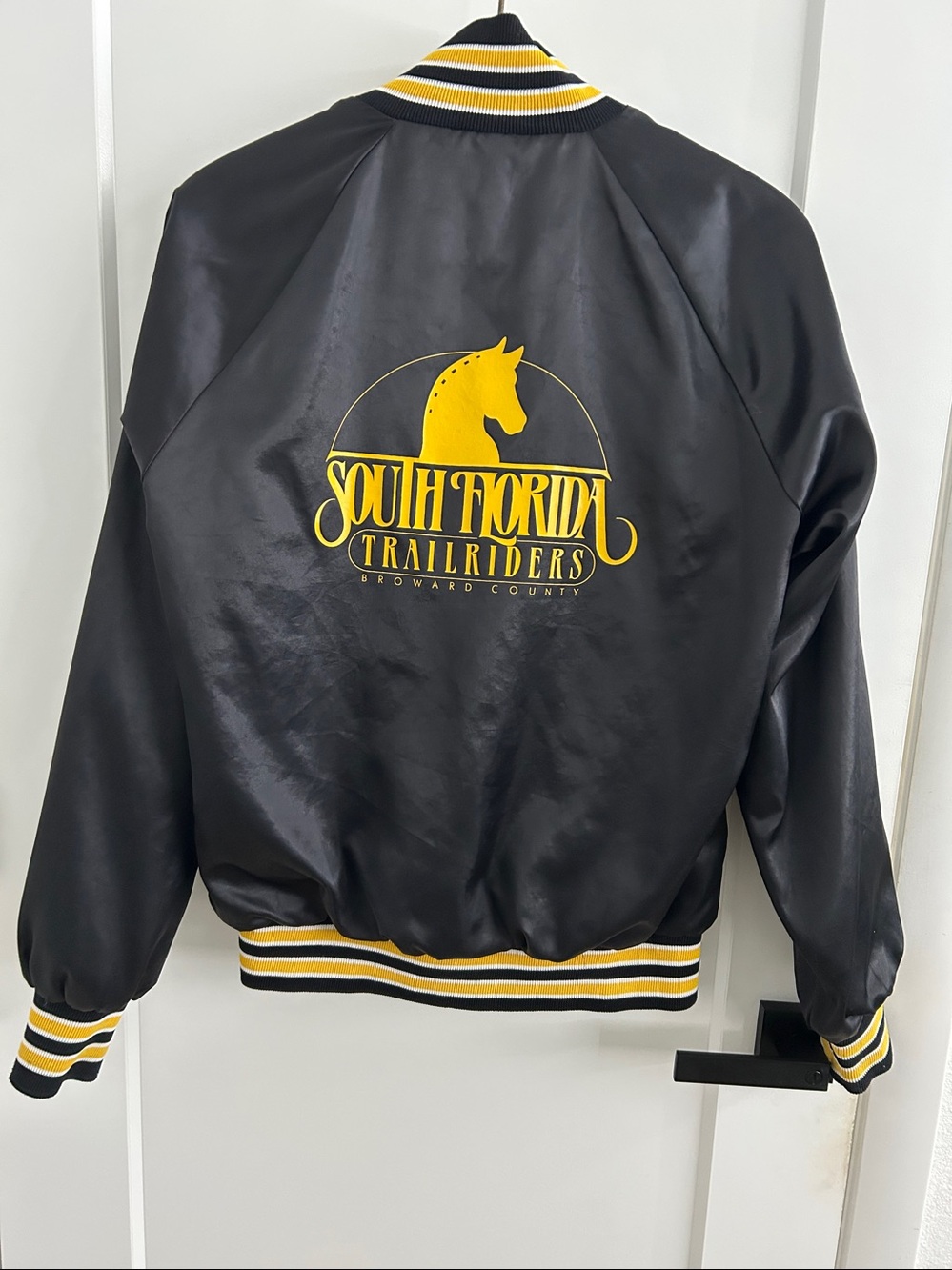 Vintage 80’s Equestrian Trail Riders Black Satin Bomber Jacket made In USA | Med